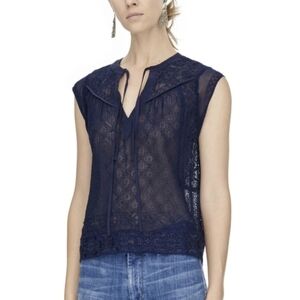 Rebecca Taylor Navy Blue Ada Silk Chiffon Embroidered Split Neck Tie Top Size 2